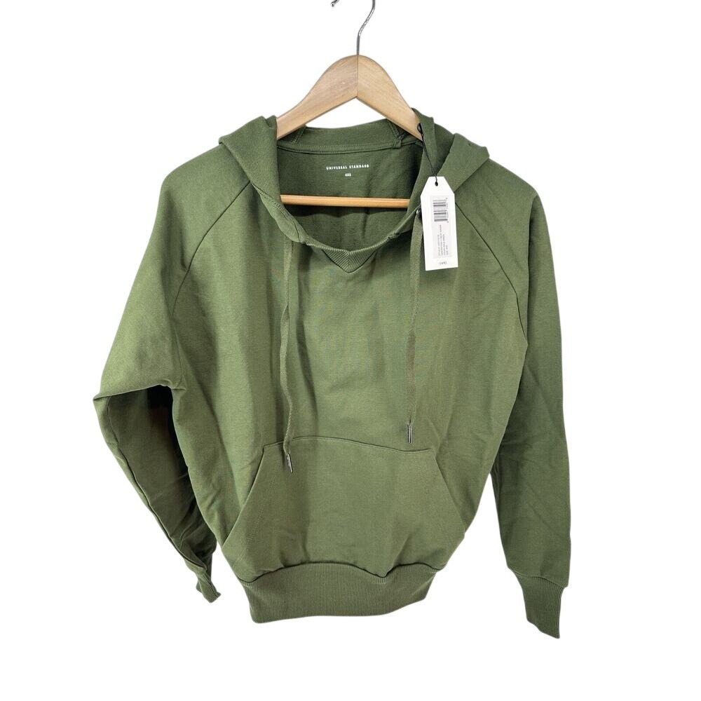 Universal‎ Standard Womens Hoodie 4XS V Neck Olive Green Pima Cotton Pullover